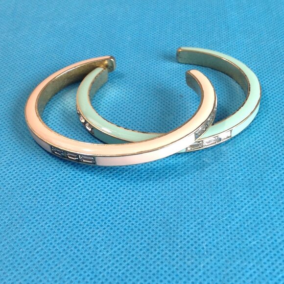 J Crew Enamel Crystal Cuff Bangle Bracelets Set Pink Teal - Picture 2 of 9